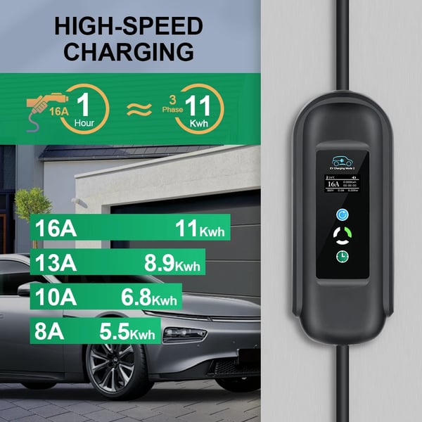 Bærbar EV-lader, 11KW effektudgang, justerbar strøm,11KW, Type2