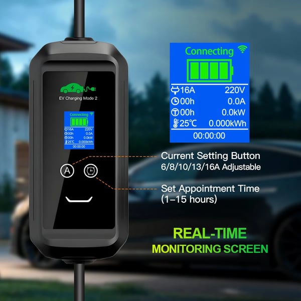 Bärbar EV-laddare, 15 m längd, Smart Tuya App-kontroll,TYPE2, svart