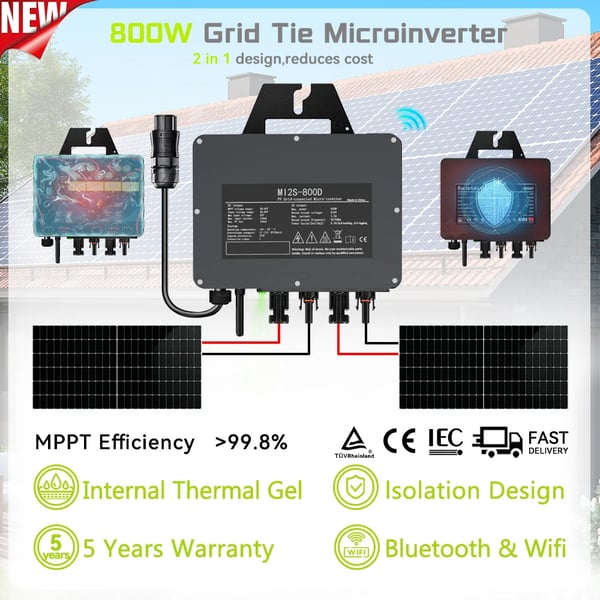 Solarmikroinverter, 800W Udgangseffekt, IP67 Beskyttelse,AC 230V, DC 22-50V, 800W inverter