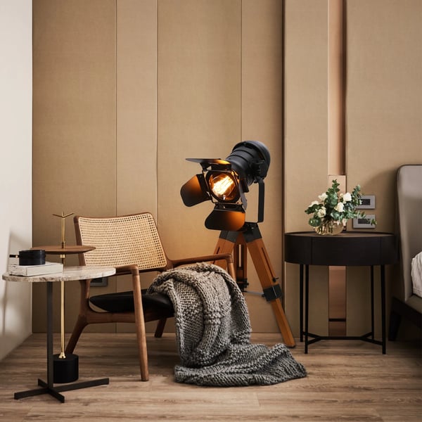 Lattiavalaisin, Vintage Tripod -muotoilu, Säädettävä korkeus,musta