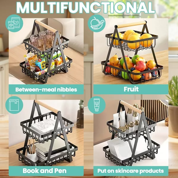 Fruktkorg, 2-nivådesign, robust konstruktion i rostfritt stål,svart