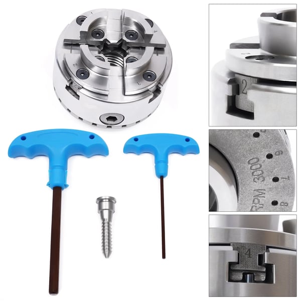 4-kæbe spændetang, M33 gevind, 50 mm dybde uden kæber, 71 mm dybde med kæber, 96 mm samlet diameter, 2,4 kg vægt
