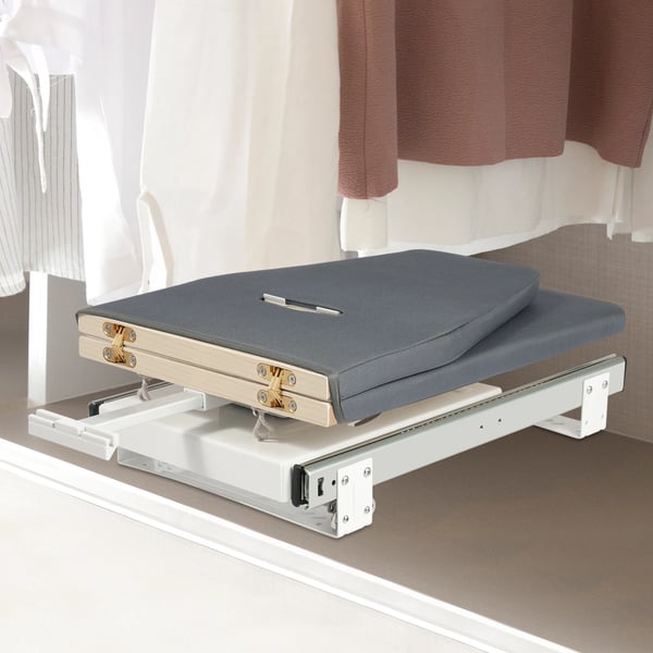 Vægmonteret strygebræt, belastning 45 kg, foldet størrelse 42,5 x 14,5 cm, udfoldet størrelse 80 x 29,5 x 12 cm, støjniveau 20 dB, 180° rotation