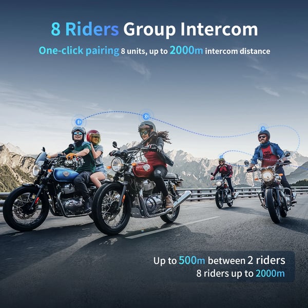 Motorcykelhjelm Intercom, Maksimal Intercomafstand 2000 Meter, Forbinder Op Til 8 Ryttere, Vandtæt IP65, HD HiFi Lydkvalitet, CE Certificeret