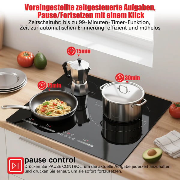 Induktionshäll, 3 Matlagningszoner, Boostfunktion,svart