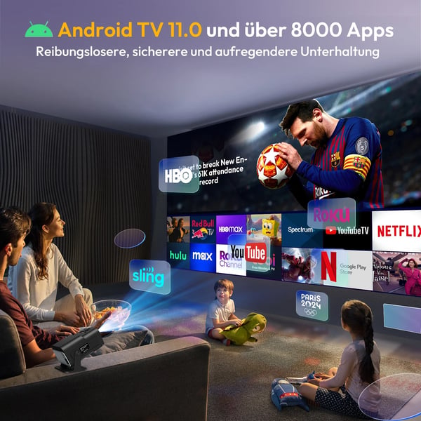 Mini projektor, ægte 1080P, 11000 lumen, 180° projiceringsvinkel, HDMI- og USB-kompatibilitet, 1,05-3,15 m projiceringsafstand