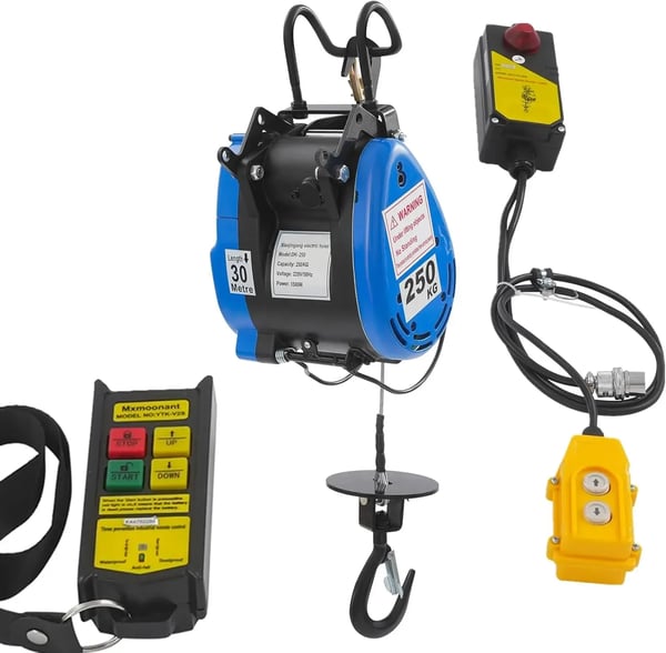 Elektrisk vinsj, 230V, 1500W effekt, 30m stål kabel længde, 250kg belastningskapacitet, trådløs fjernbetjening
