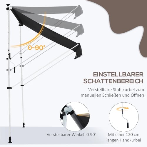 Solskærm, 180 g/m² Polyester, 200x150 cm, Justerbar Højde 1.7 - 2.8 m, Manuel Markise, Kranks længde 1.2 m