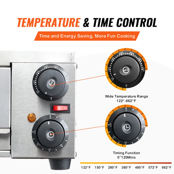 Elektrisk Pizzaovn, 1500W Effekt, Justerbar Temperatur 50°C til 350°C, Timer Op til 120 Minutter, Egnet til 12-Tommer Pizzaer, Dobbelt Varmerør