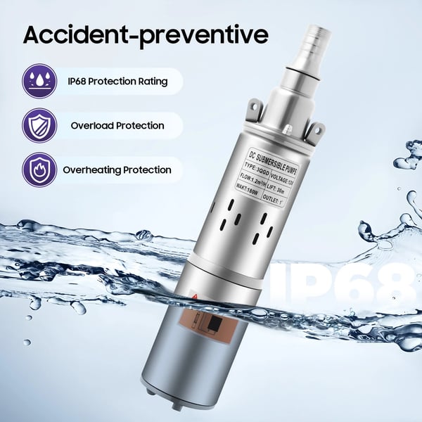 Dränkbar vattenpump, 30m höjd, 20L/min flödeshastighet, EU, 12V, Silver