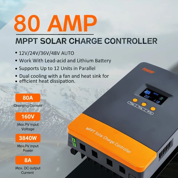 Solcellelader, MPPT-teknologi, 80A maksimal strøm,80A-parallel MPPT, 12V 24V 36V 48V