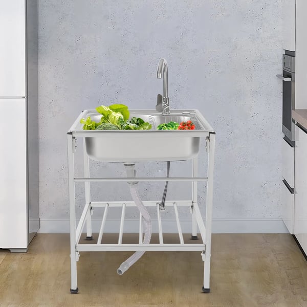 Køkkenvask, Fritstående Design, Varmt & Koldt Vandhane,Sølv