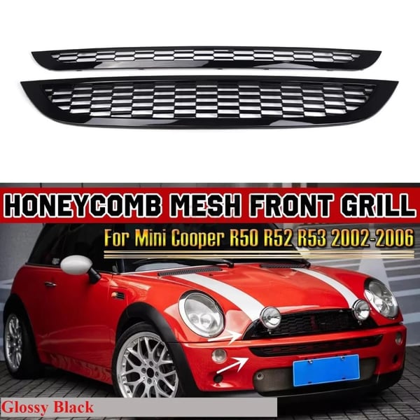 Framstötfångargrillöverdrag, Plastmaterial, Glansig svart färg, Kompatibel med MINI R50 R52 R53, Övre och nedre placering, Matchar originalspecifikationer