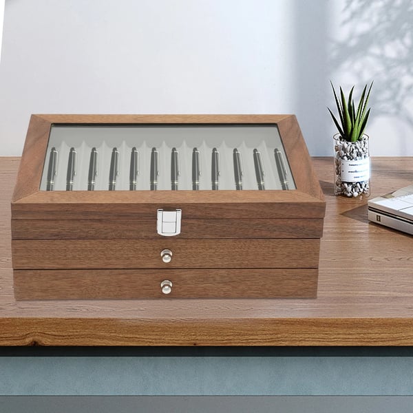 Wood Pen Display Case, 34 Slots, Drawer Storage, Acrylic Top,Brun