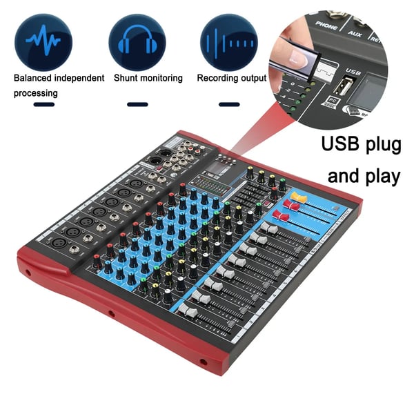 Lydmixer, 8-kanals konfiguration, Bluetooth lydinterface, USB lydsupport, Glatte faders, 3,7 kg vægt