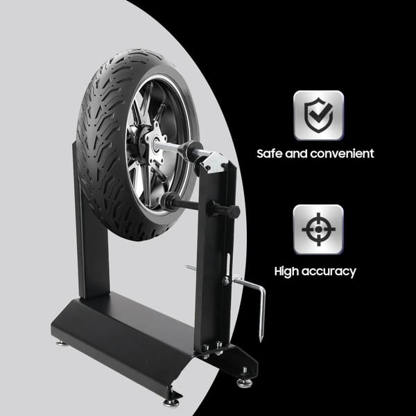 Motorcykeldäckbalanseringsram, tungt kolstål, justerbara centrumpinnar, platsbesparande design