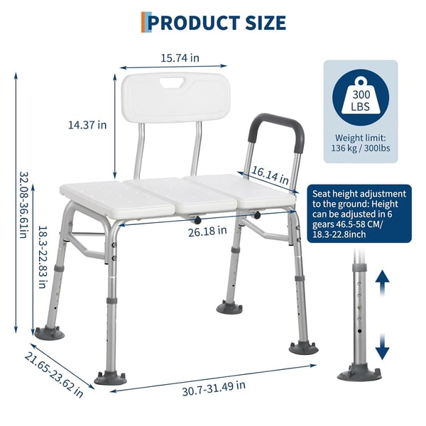 Badekar Transfer Bænk, Justerbar Højde 46,5-58 CM, Vægtkapacitet 136 kg, Aluminium 6063 T5, Samlet Størrelse 78-80*55-60*81,5*93 CM