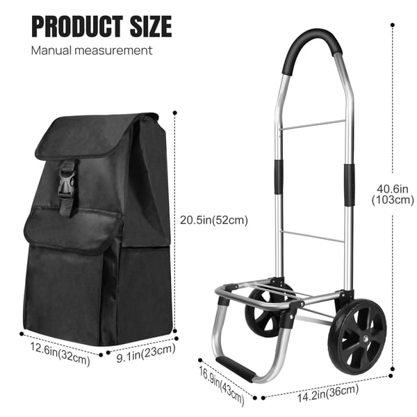 Foldbar Indkøbsvogn, Aluminiumlegering Krop, 40L Kapacitet, Dimensioner 43 x 36 x 103 cm, Belastningskapacitet 50 kg+, Hjulstørrelse 21 cm