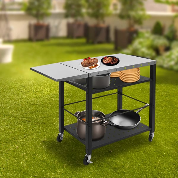 Grillvogn Bord, 4-Lags Design, Flytbar med Hjul,sort