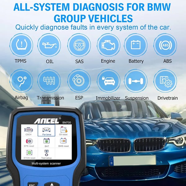 OBD2-skanneri, MINI EPB SAS -järjestelmä, Airbag, TPMS, akun ja öljyn nollaus, ANCEL BM700