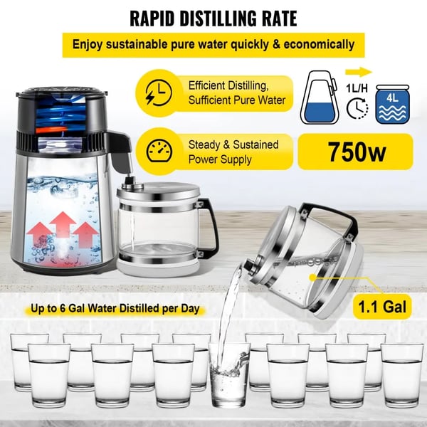 Vanddestillator, 4L kapacitet, 1L pr. time output,4L