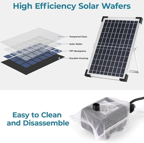 Solarpumpe, 12W effekt, 500L/t flow rate, 60 cm sprøjtehøjde