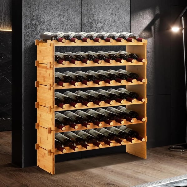 Vinkøler, 48 flaskers kapacitet, 6-lags design, bambusmateriale, fritstående, nem montering