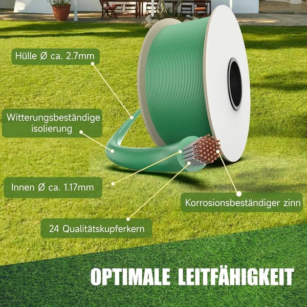 Ruohonleikkurin rajoituskaapeli, 150 m pituus, 2,7 mm halkaisija, 450 naulaa, 15 liitintä, säänkestävä