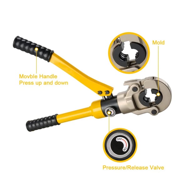 Hydraulinen PEX-putken puristustyökalu, kestävä teräskotelo, leuat kokoja 12-28mm, maksimaalinen paine 100 kN, ergonomisesti muotoiltu kahva