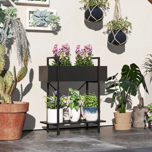 Plantehylde, Pulverlakeret Metal, 60L x 25B x 70H cm, Belastningsevne: 20 kg pr. hylde, 2 hylder, Indbyggede drænhuller