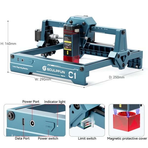 Mini lasergravørmaskine, 3W laserkerne, gravering område 150x150mm, ultrafin punktstørrelse 0,04mm, brugervenligt design, alsidig kompatibilitet