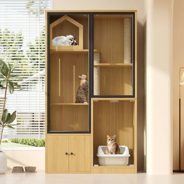 Katte Skab, Lugt Isolering, Nem Vedligeholdelse,Ahorn+MDF+Glas