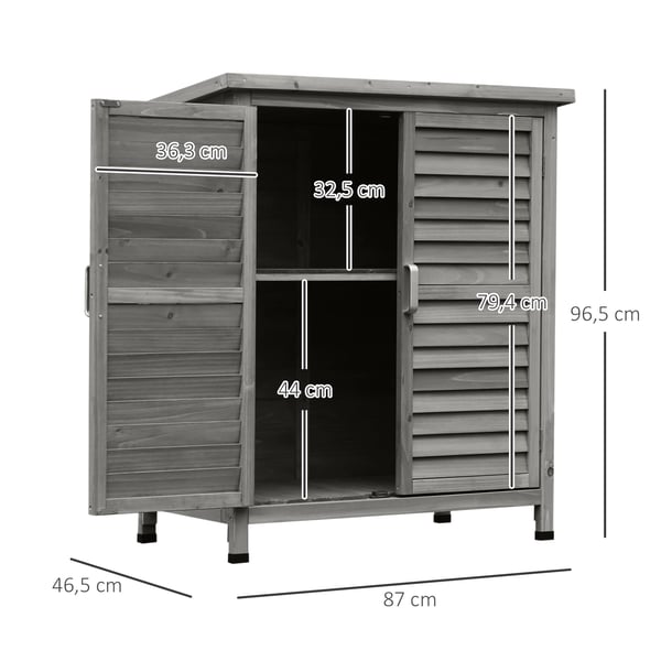 Puutarhavarasto, mänty, 87 cm x 46,5 cm x 96,5 cm, 2 sisähyllyä, 2 ovea, viisto katto