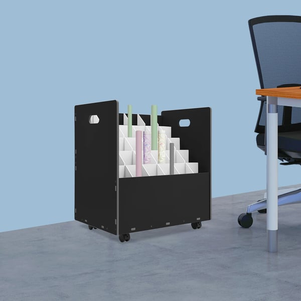 Mobil rullefilopbevaringsreol, 30 pladser, PVC-materiale, 58x40x58 cm, belastningsevne 50 kg, 4 hjul med bremser
