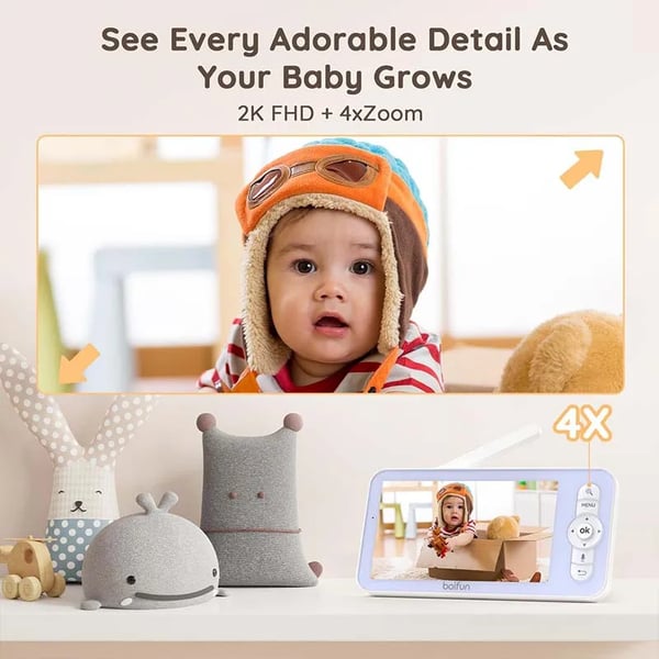 Baby Monitor, HD 1080P, 5 Tommer Skærm, Trådløs Kommunikation, 128 GB Lager, Bevægelsesdetektion
