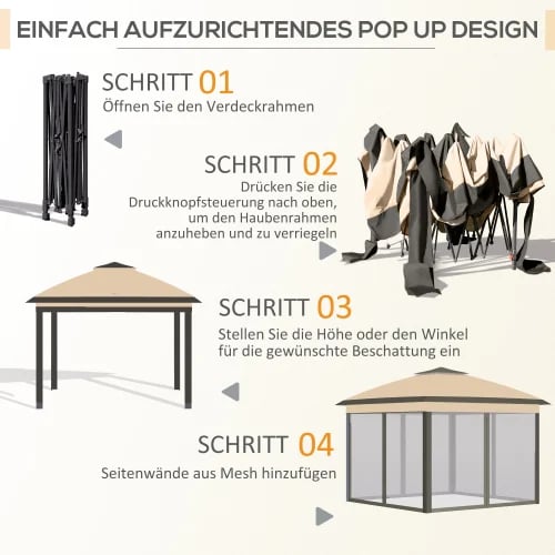 Udendørs Pavillon med Taske, 3,3x3,3m, UV-Bestandig, Stålramme, Sammenklappeligt Design, Inkluderer Tilbehør