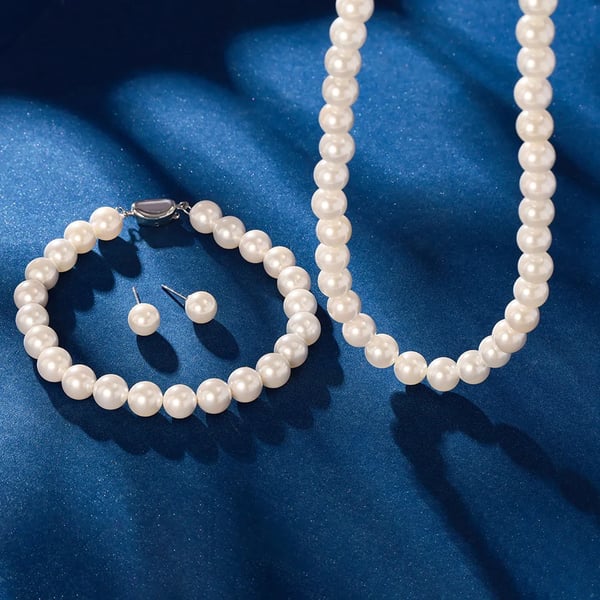 925 Sterling Perle Smykkesæt, Halskæde 50,8 cm, Armbånd 22,8 cm,lyserød, sølv
