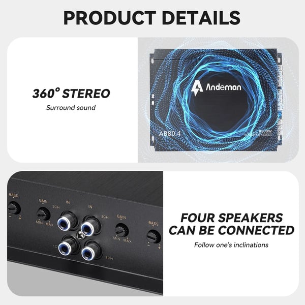 Bilforstærker, 8800W Maksimal Effekt, 12V-13.8V Spænding, Multikanal Lyd, 27.6x20.6x4 cm Dimensioner, Aluminium Chassis