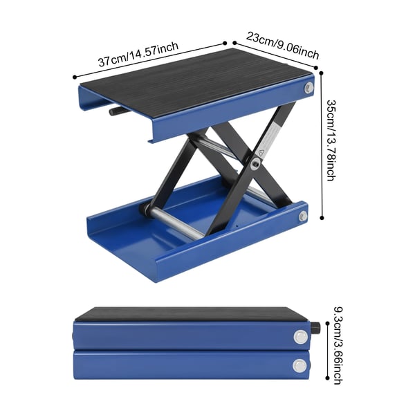 Motorcykellyftbord, Lastkapacitet 500kg, Justerbar Höjd 9.3-35cm, Plattformstorlek 37*23cm, Bruttovikt 12.3kg, Nettovikt 11.69kg