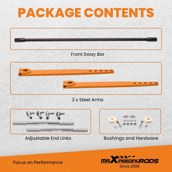 Front Sway Bar Kit, Stål, 105 mm Længde, 13 mm Bredde, 8 mm Højde, 7,5 kg Vægt