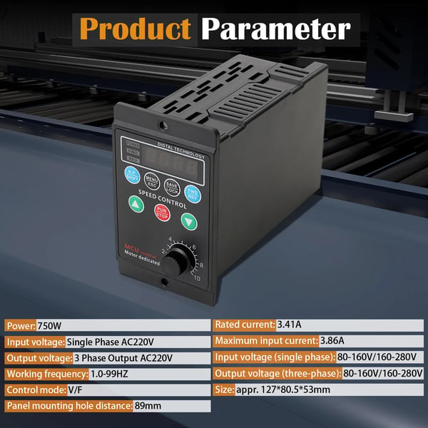 Motorhastighedscontroller, 750W effekt, enkeltfase AC 220V indgang, trefase AC 220V udgang, arbejdsfrekvens 1.0-99Hz, nominel strøm 3.41A
