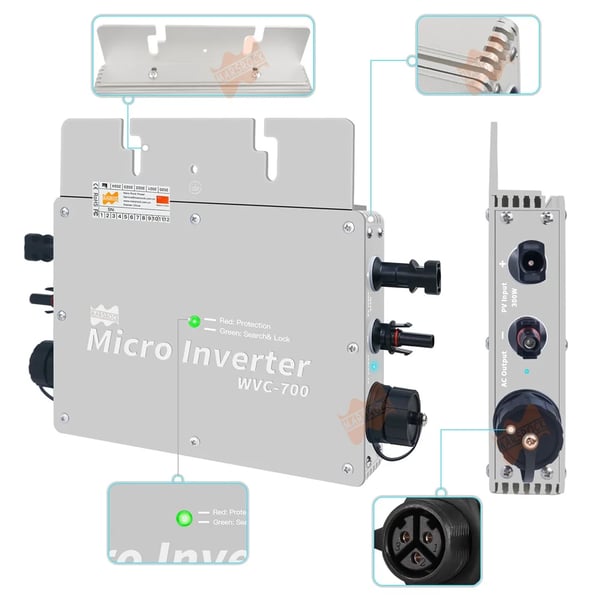 Solarmikroinverter, 700W utgångseffekt, IP65 vattentålig klassning,Inverter Sliver, 230V, 22-50V