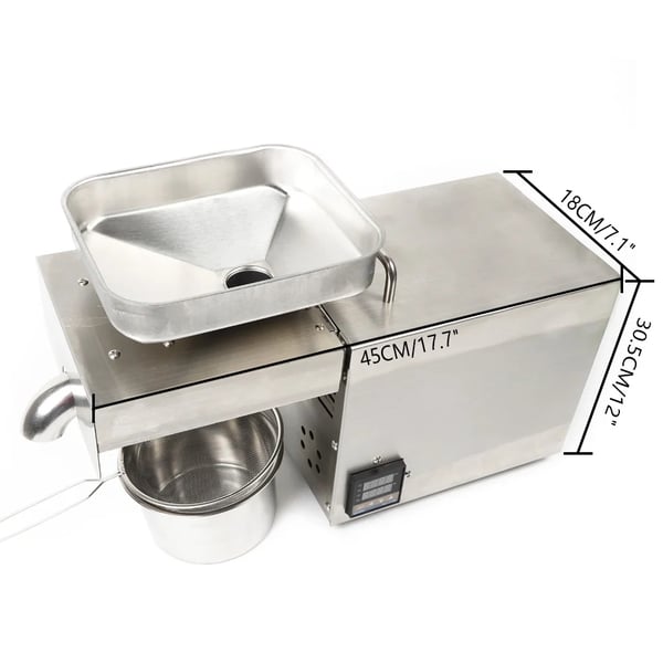 Oliepresser, 1500W Effekt, 45% Olieudvindingsrate, 45 x 18 x 30,5 cm Dimensioner, 2 kg Olieudbytte, 5 kg Presserhastighed