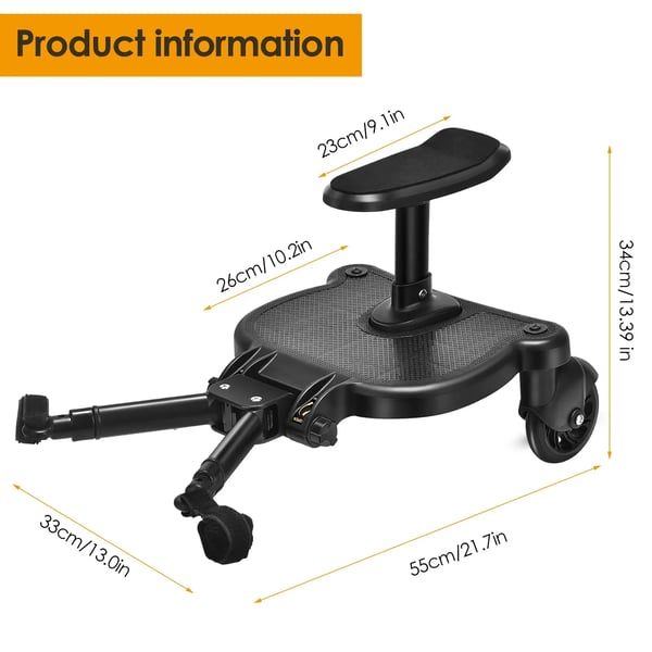 Bærbar Buggy Board, Justerbart Sæde, 360° Rotation, Egnet til Børn i Alderen 2-6 År,sort