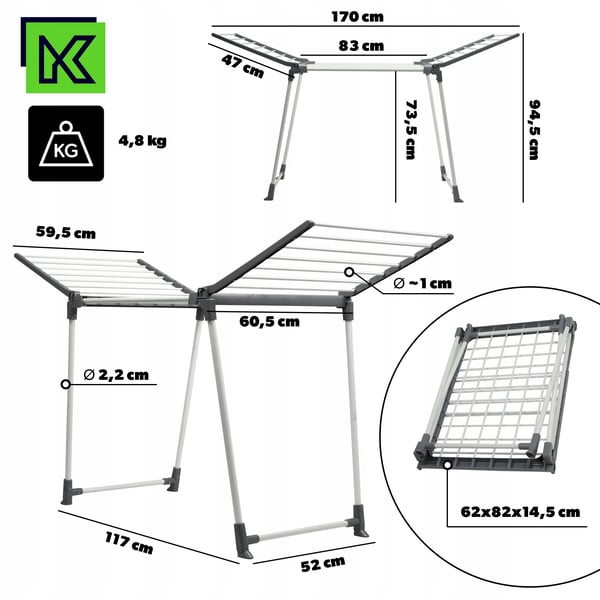Tøj tørretumbler, Højde 170 cm, Tørringsområde 15 m², Maksimal belastning 20 kg, Vægt 4,8 kg, Justerbare fødder