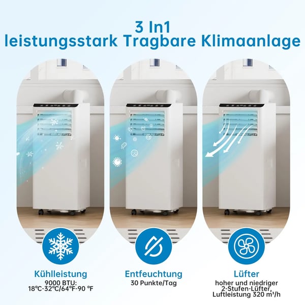 Mobil Airconditioner, 9000 BTU, Intelligent Søvnmode, Fjernbetjening,EU, HVID