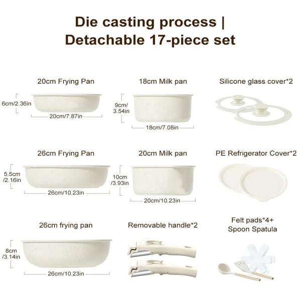 Køkkengrej Sæt, Nonstick Overflade, Induktionskompatibel,HVID, 17stk