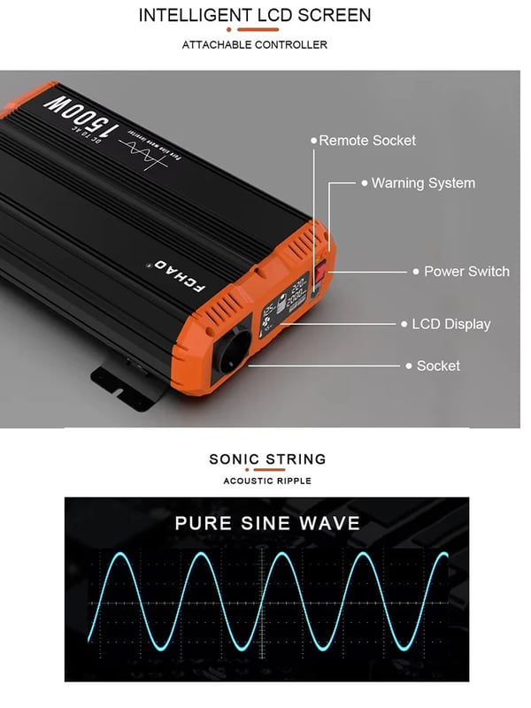 Puhdas sinimuotoinen invertteri, kauko-ohjaus, 1500w-12v