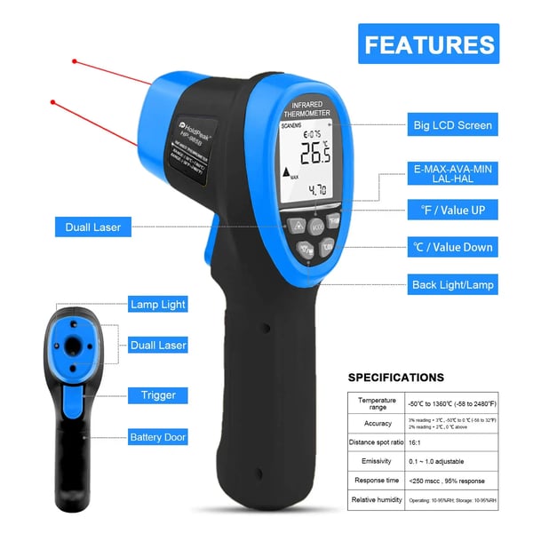 Digital Infrarød Termometer, Høj Præcision, Bred Temperaturinterval
