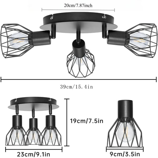 Loftlampe, 3-Lygt Drejelig Design, Industriel Stil,sort, Ingen pære